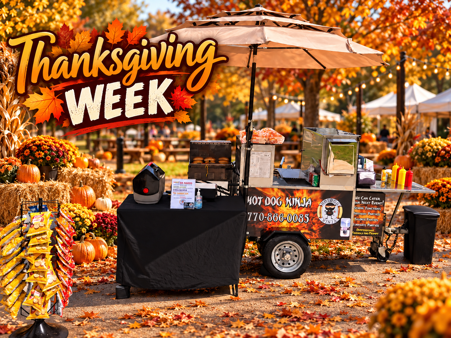 Hot Dog Ninja cart serving a family gathering during Thanksgiving week in North Georgia