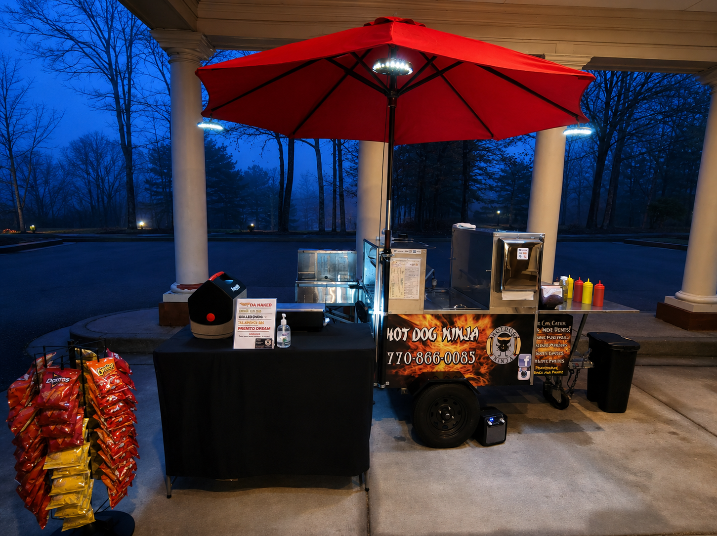 Hot Dog Ninja cart setup at evening catering event