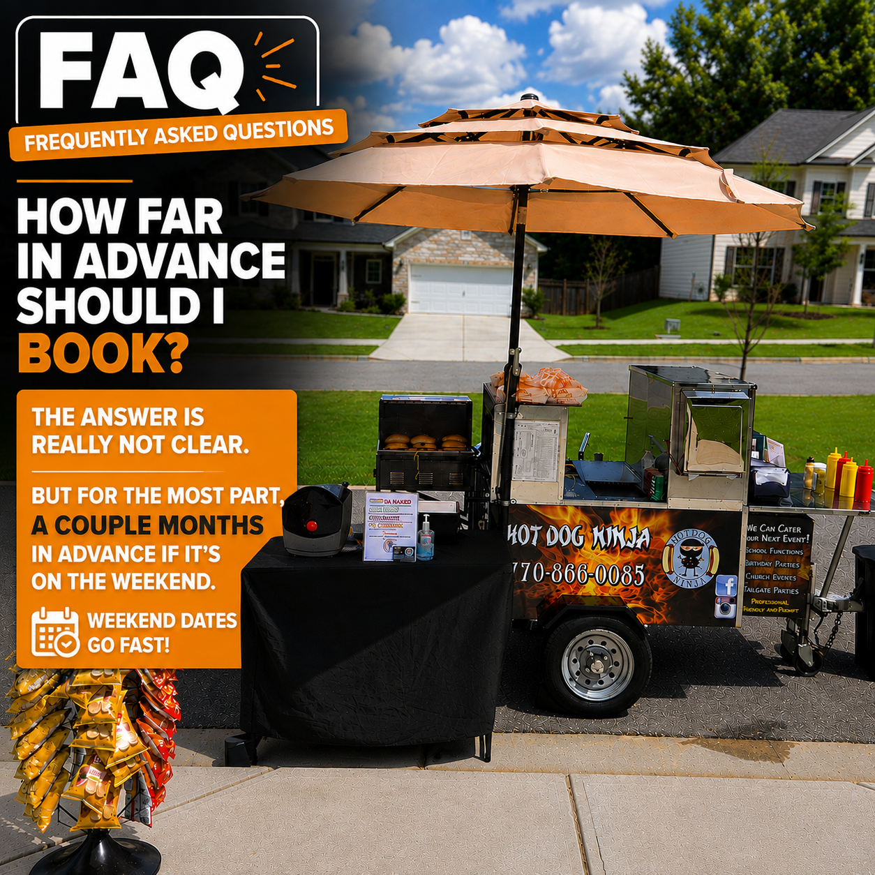 Hot Dog Ninja catering cart with advance booking guidance for weekend events