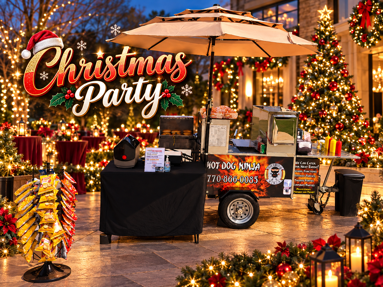 Hot Dog Ninja cart serving a corporate Christmas holiday party in Georgia