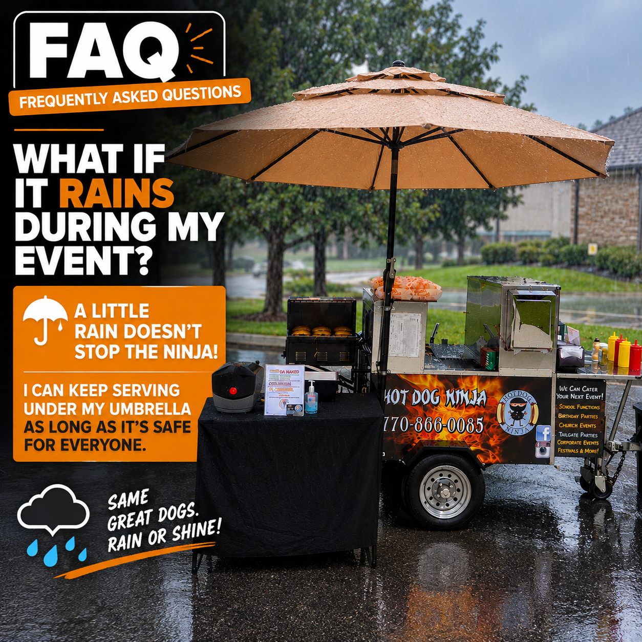 Hot Dog Ninja mobile catering cart serving under an umbrella during rain