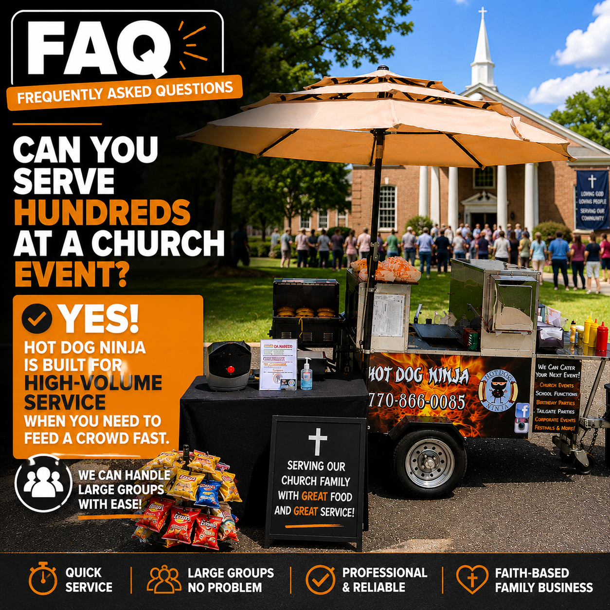 Hot Dog Ninja serving a large church event with its mobile hot dog cart