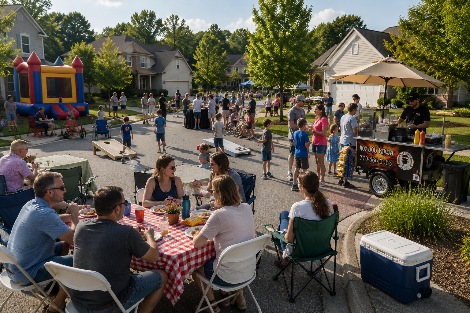 Neighborhood block party with hot dog cart in North Georgia