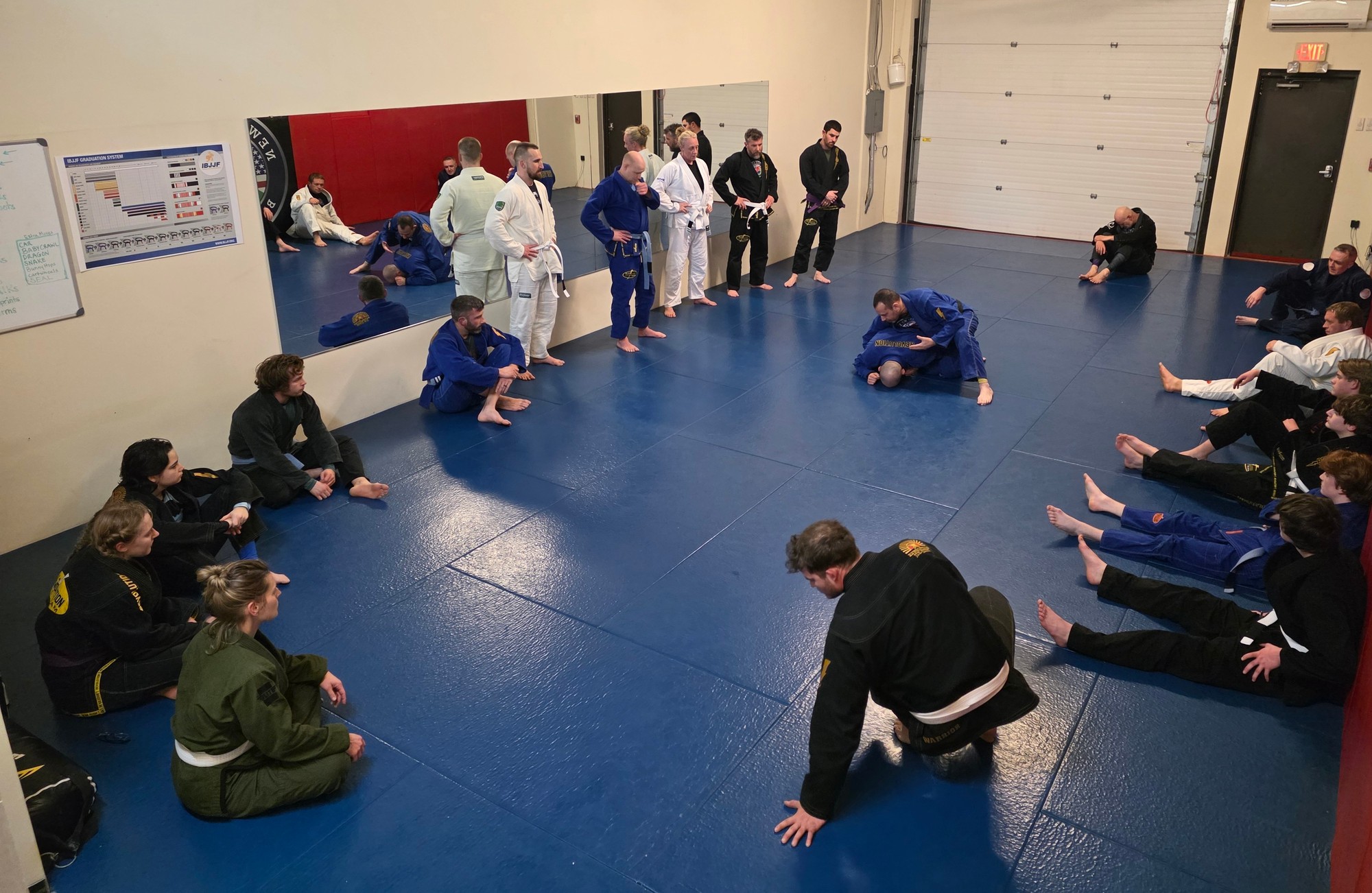 Adults training Brazilian Jiu-Jitsu in gis at the academy