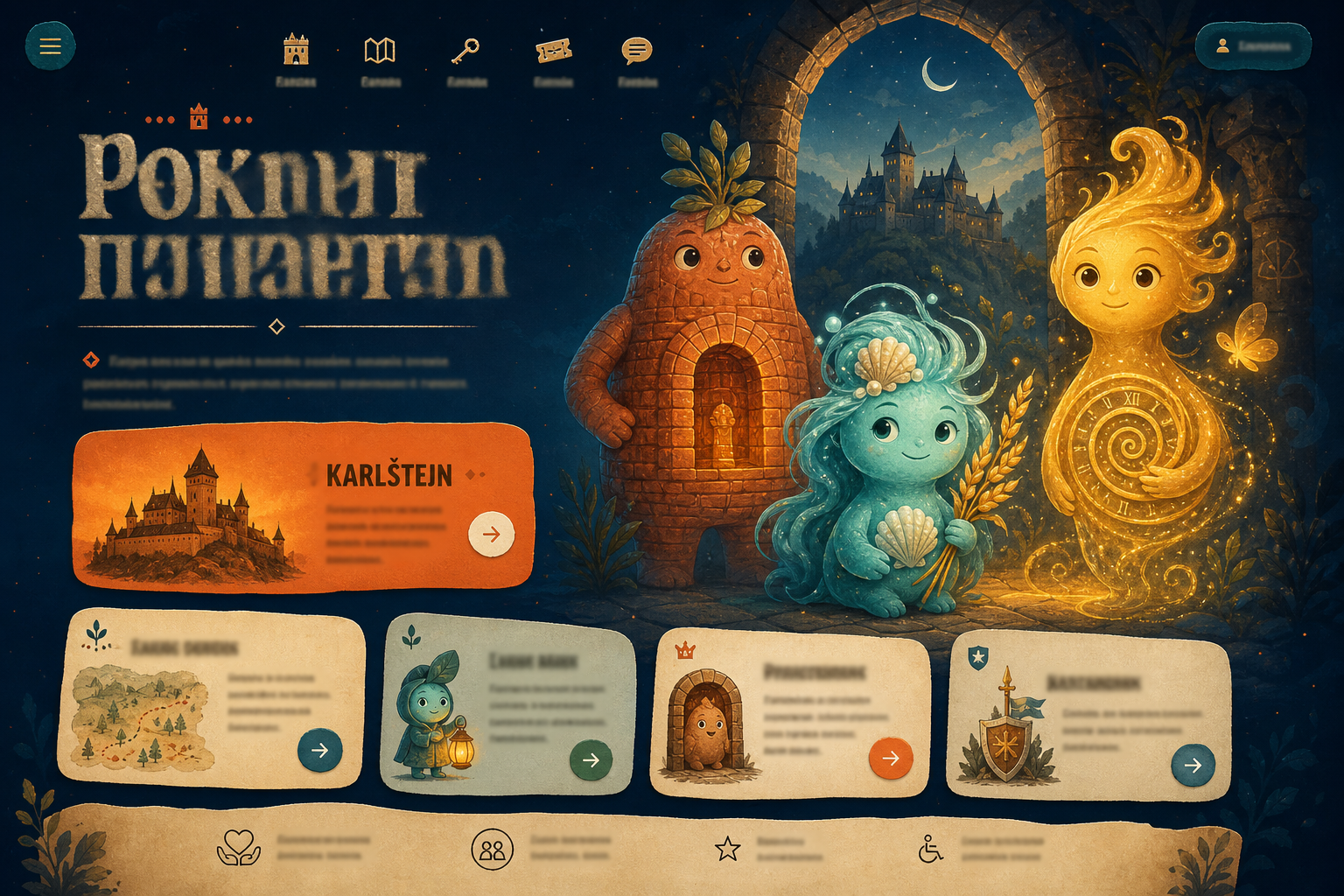 Ilustrace Kraje Poklonů: Pokladík a Marketka provázejí barevné duchy Poklony mezi hrady a mapou příběhů