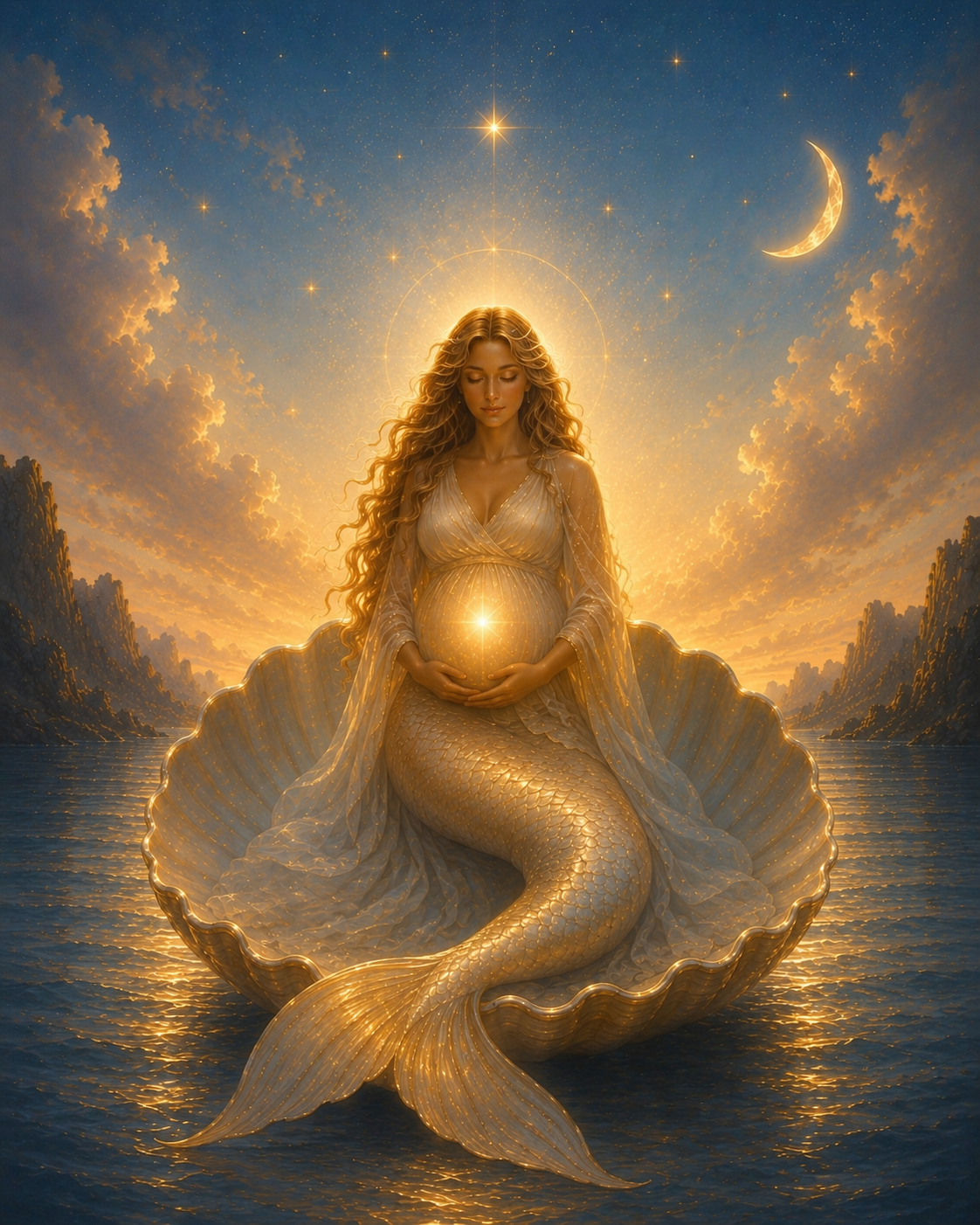 The Golden Womb — a luminous pregnant mermaid cradling a glowing womb beneath a crescent moon