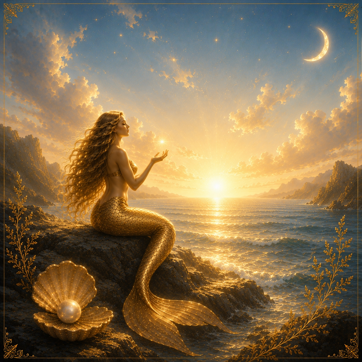 The Golden Mermaid — golden mermaid seated on rocks at sunset holding a glowing star