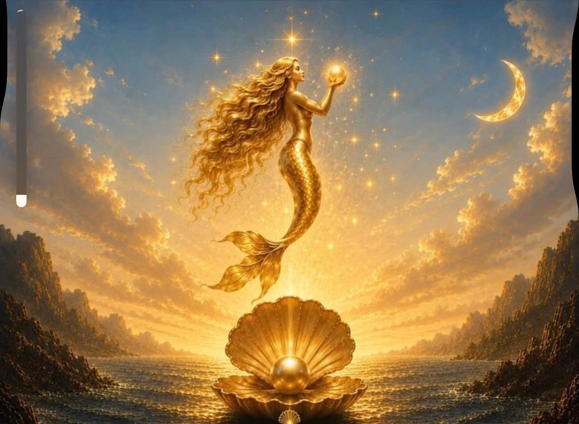 The Golden Mermaid — golden mermaid rising from a shell holding a star