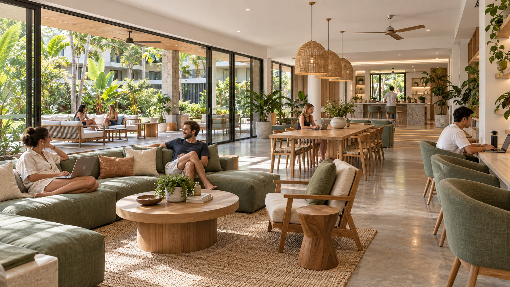 Artist's impression of a shared co-living lounge with sofas, warm lighting and connections to outdoor planting
