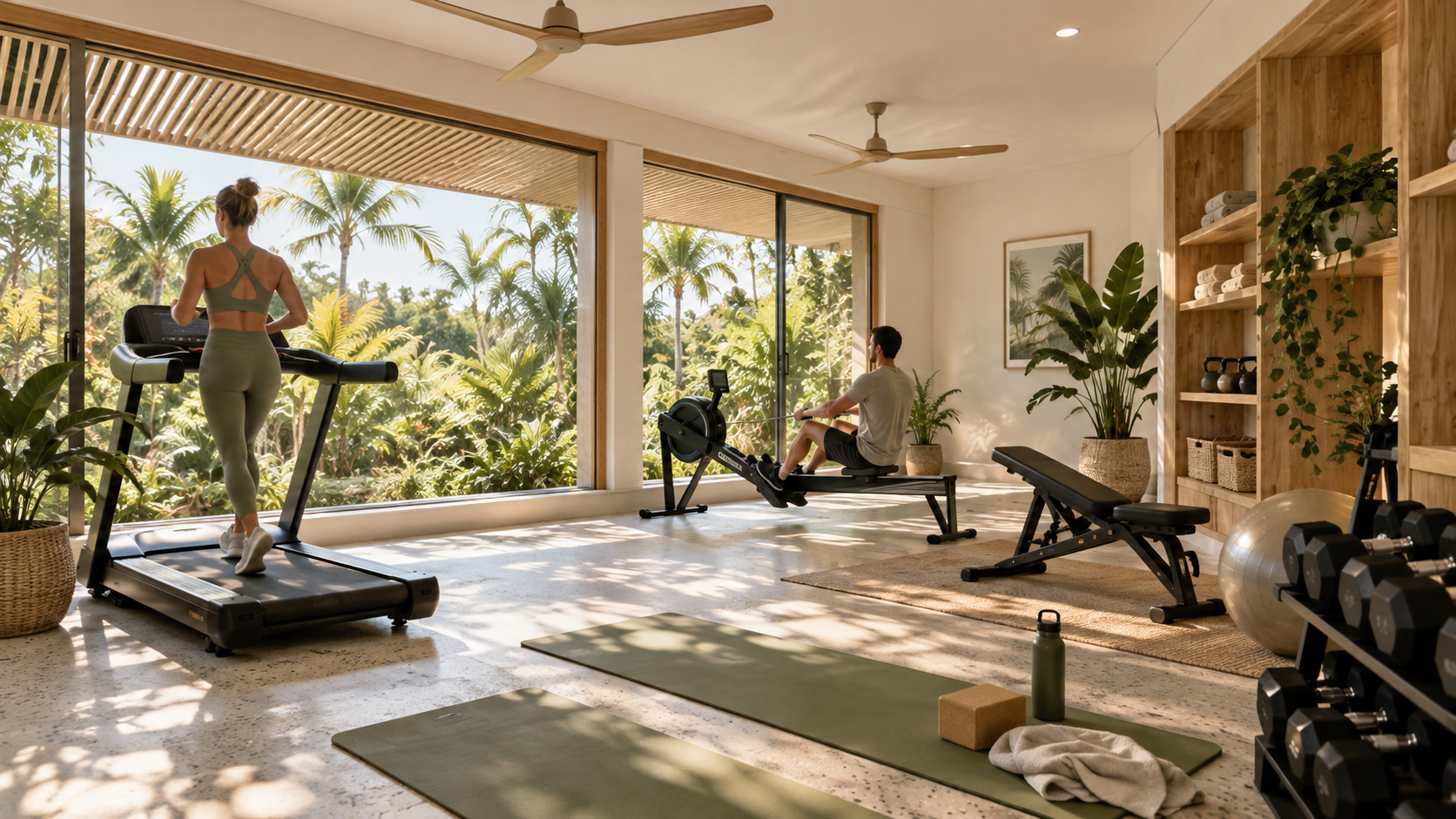 Artist's impression of a resident wellness and fitness room with equipment and natural light