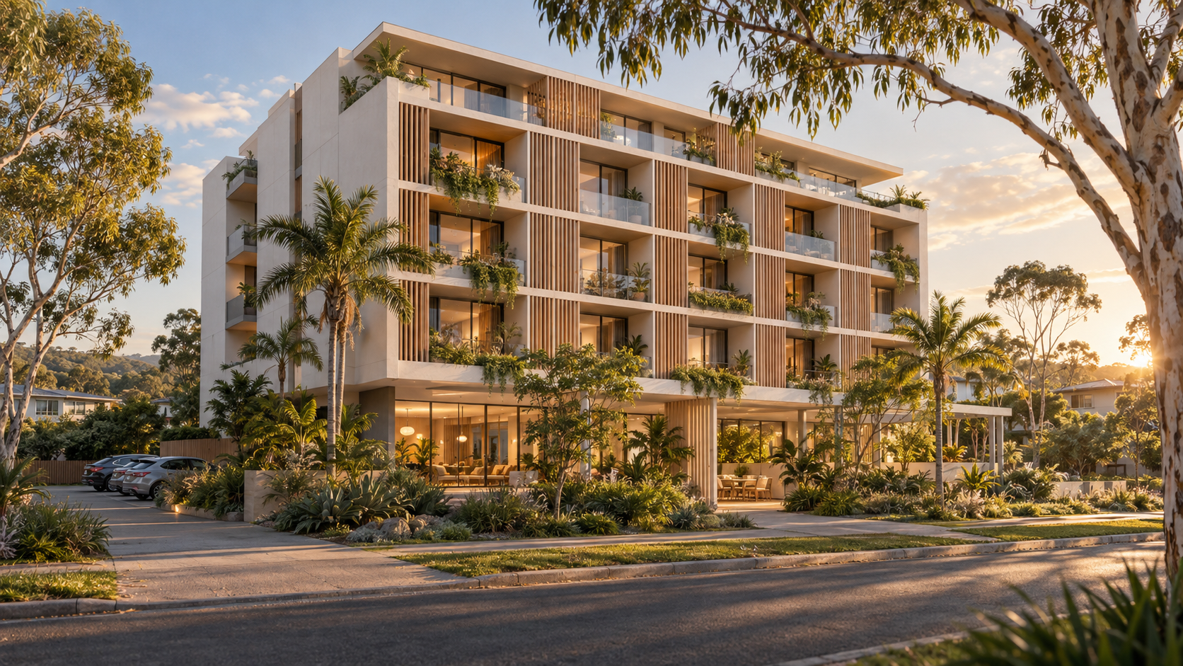 Artist's impression of a proposed five-storey co-living building with shaded glazing, balconies, subtropical planting and shared ground-floor space on the Sunshine Coast