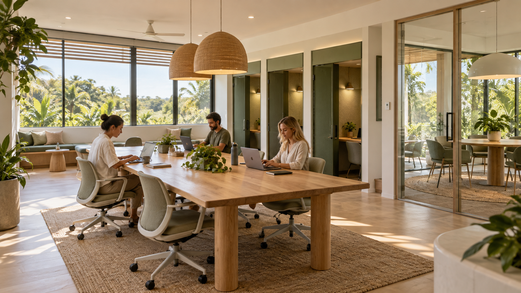 Artist's impression of a shared co-working room with desks and warm timber finishes