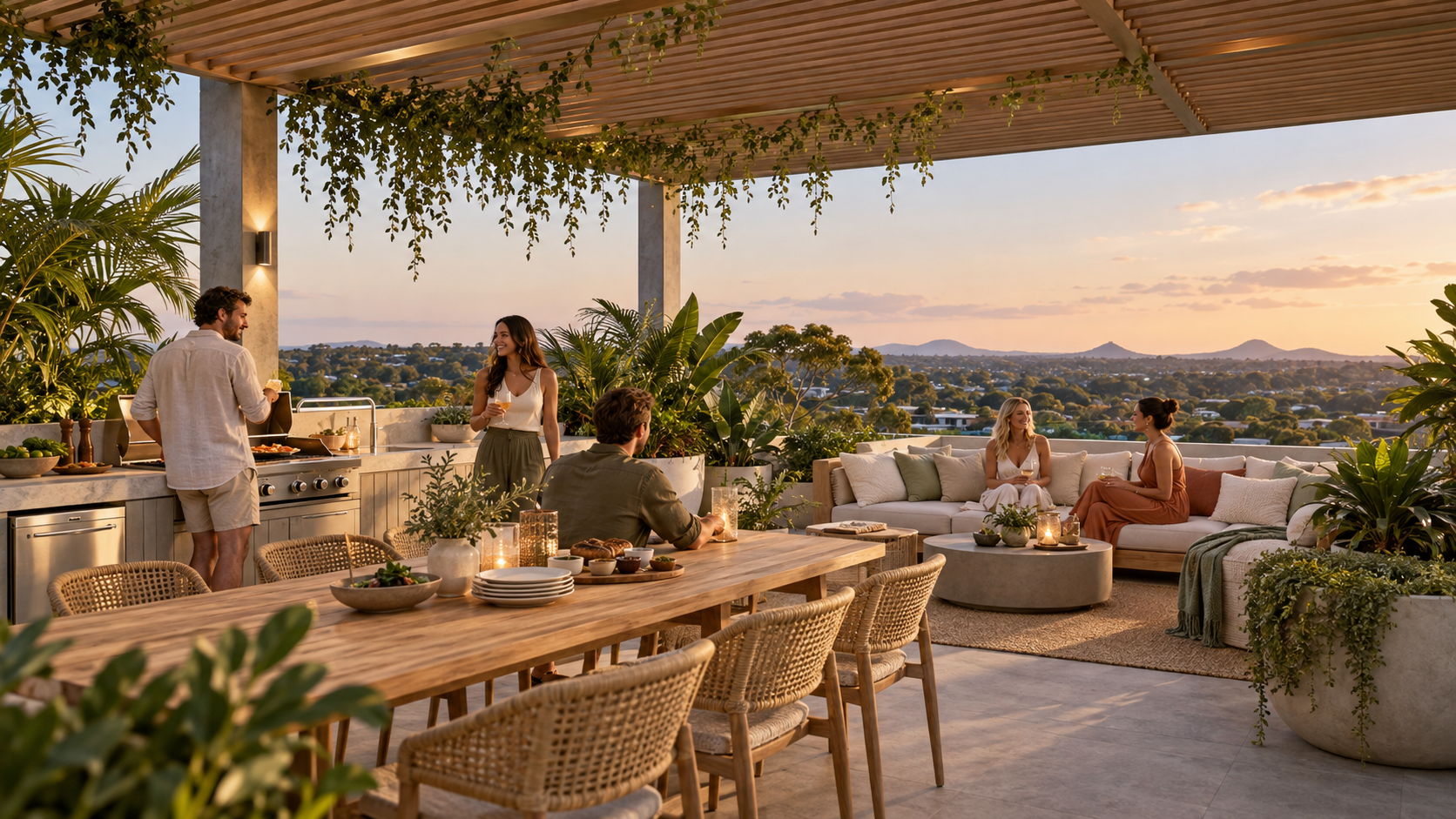 Artist's impression of a rooftop terrace with seating, pergolas and coastal views