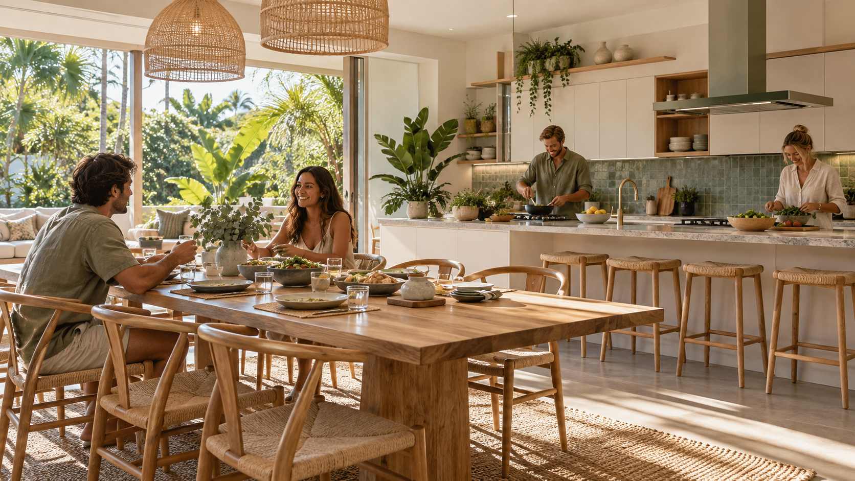 Artist's impression of a sunlit shared kitchen and dining space with a long communal table