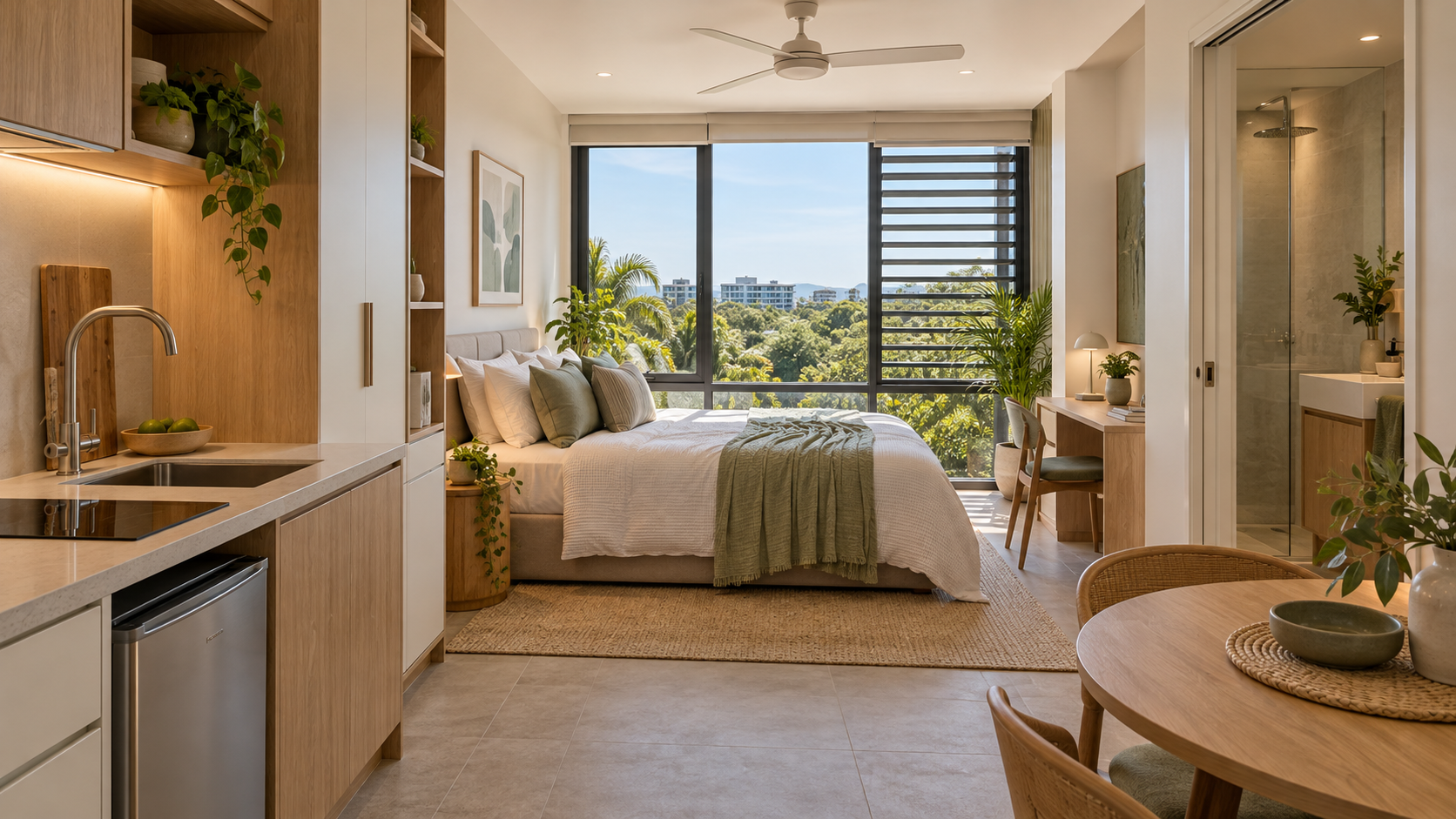 Artist's impression of a compact furnished studio with a bed, kitchenette, ensuite and workspace