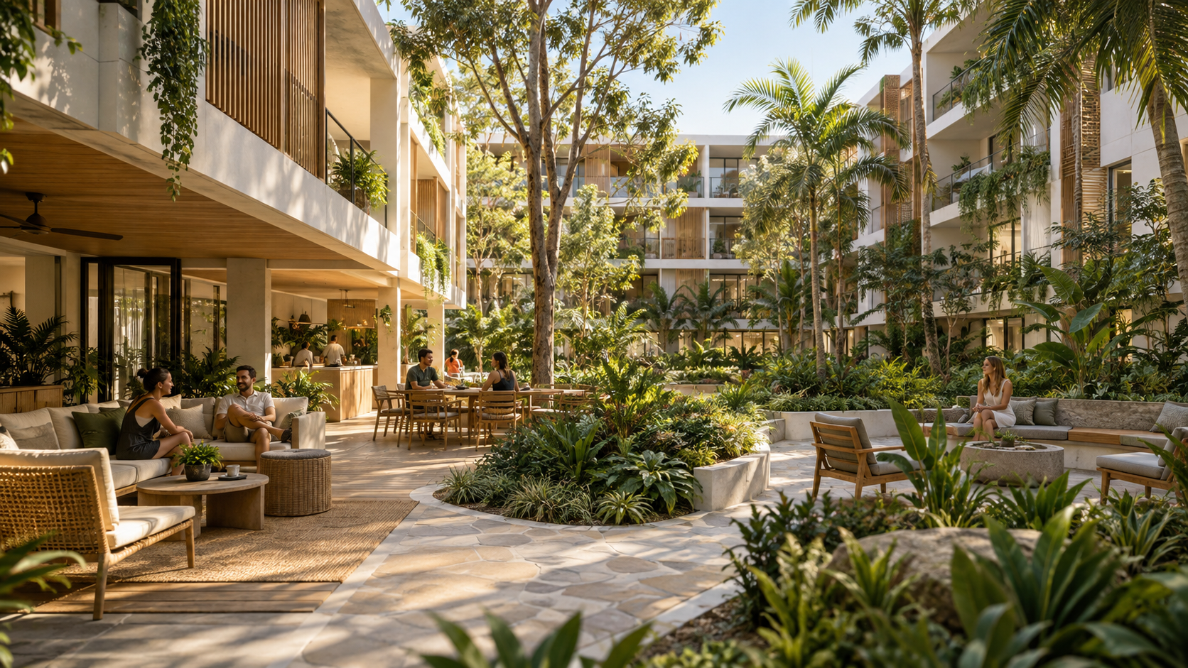 Artist's impression of a landscaped outdoor courtyard with subtropical planting and seating
