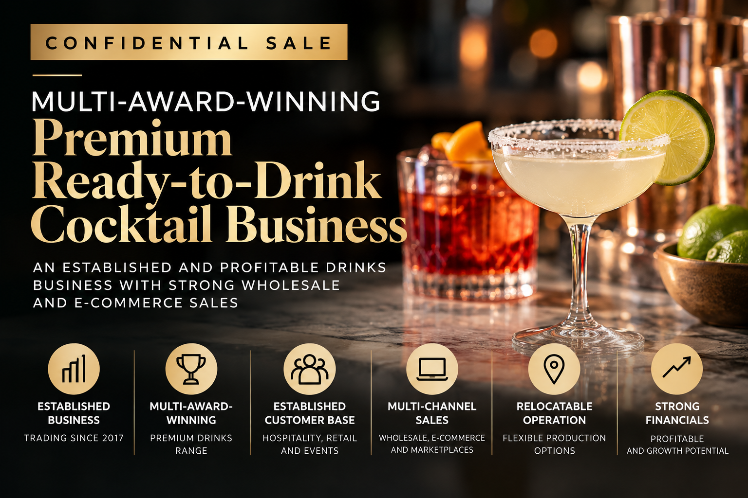 Multi-award-winning premium ready-to-drink cocktail business for sale, London