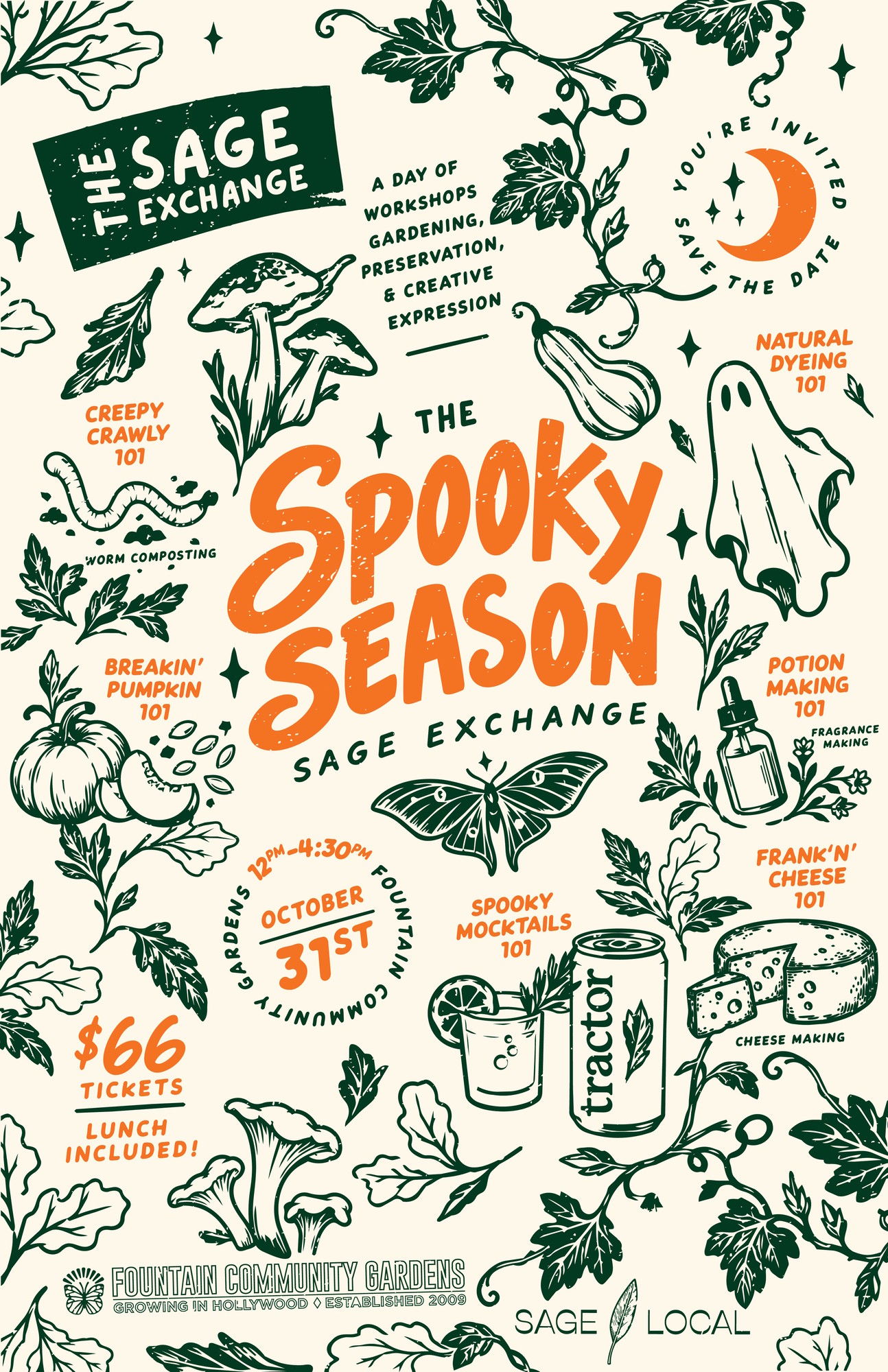 The Spooky Season Sage Exchange event flyer, October 31st at Fountain Community Gardens
