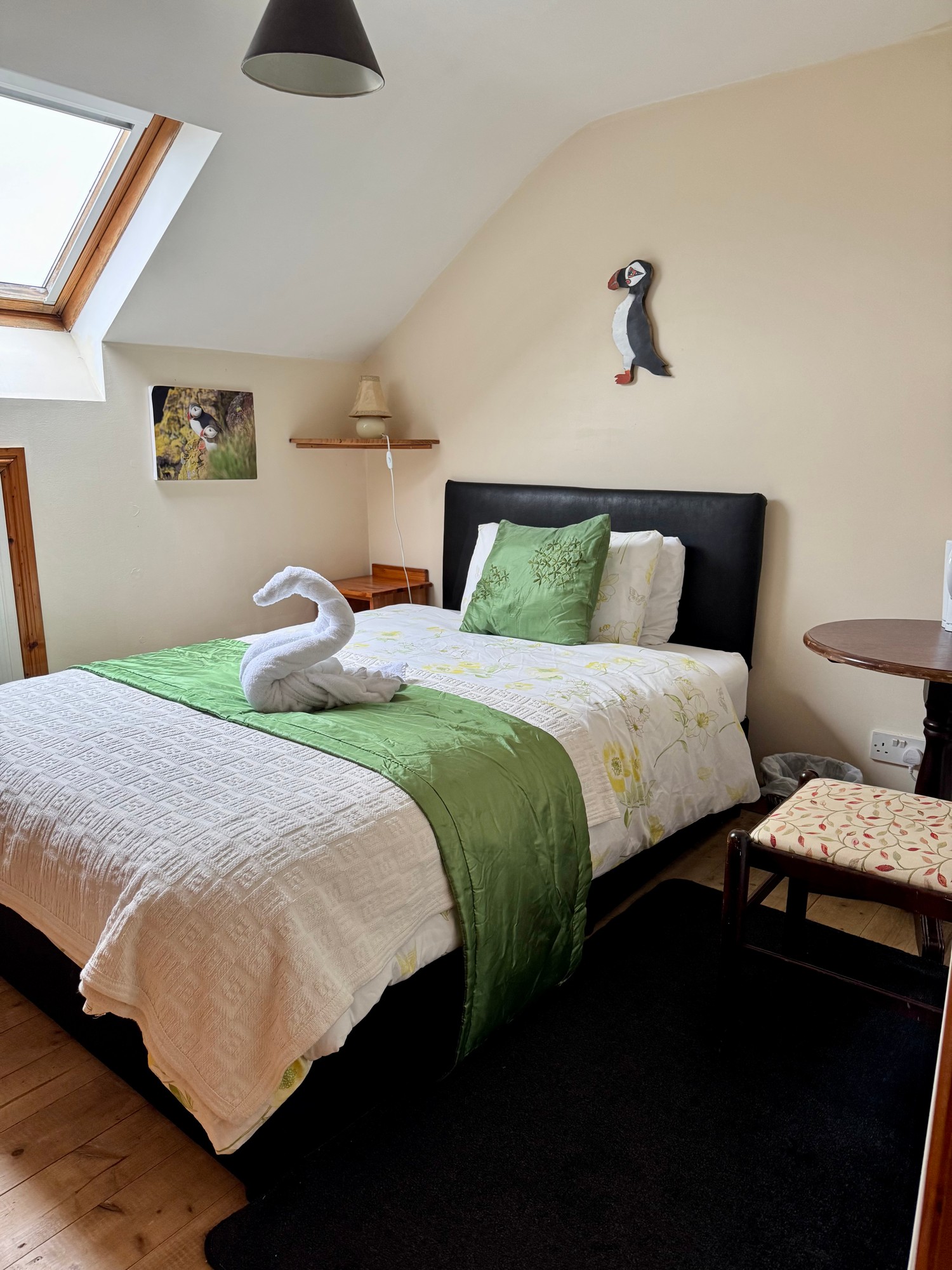 Puffin B&B double bedroom with green bedding and skylight
