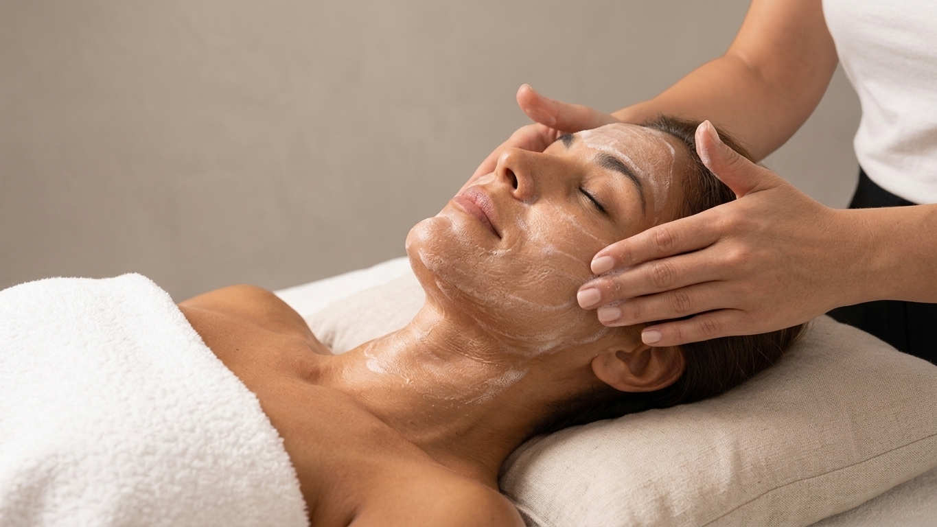 Primer plano de rostro femenino durante una mascarilla facial relajante en cabina