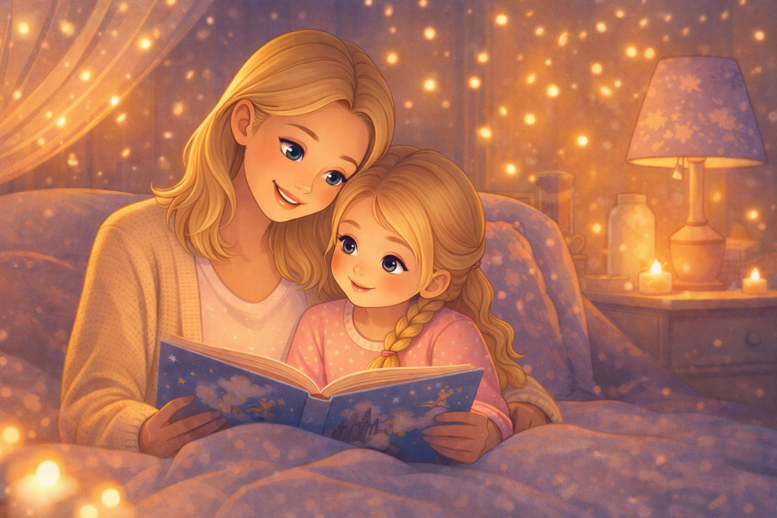 Maminka s dcerou čtou kouzelnou pohádku