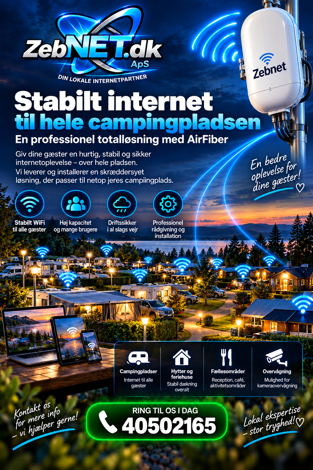 Plakat: Stabilt internet til hele campingpladsen - professionel totalløsning med AirFiber