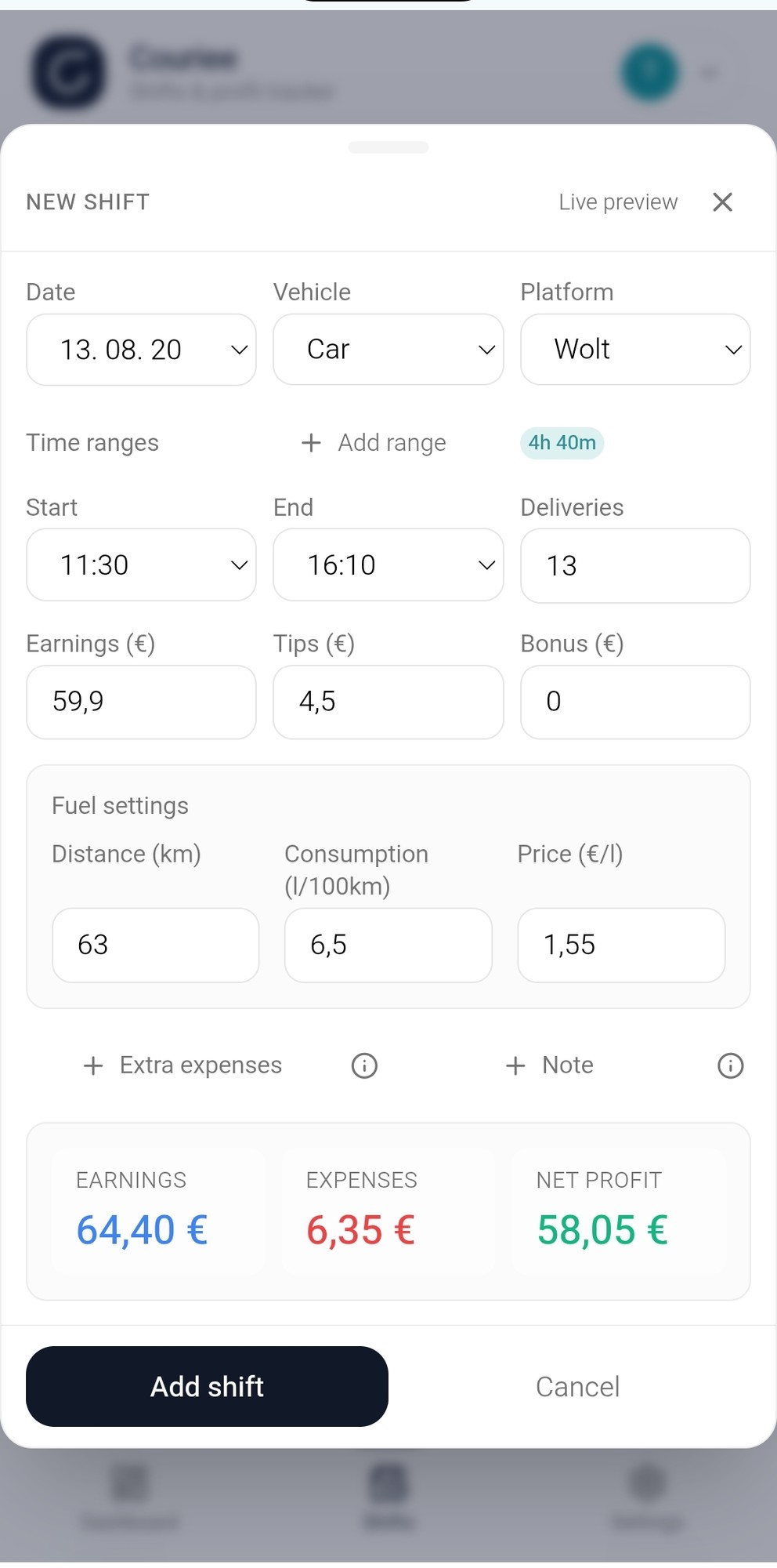 Couriee new shift form with date, vehicle, platform, time ranges, earnings, and expenses