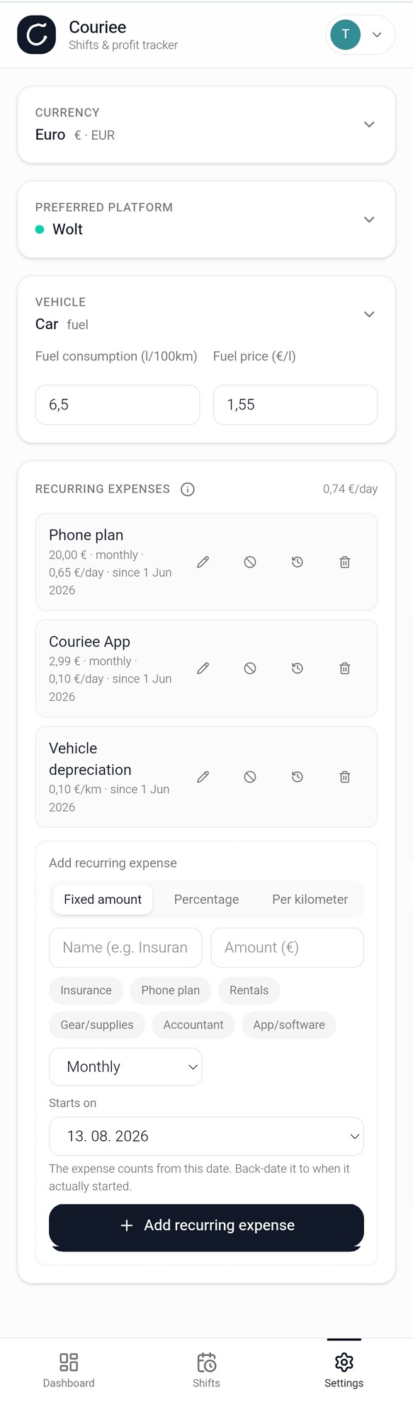 Couriee settings screen with currency, vehicle, and recurring expenses