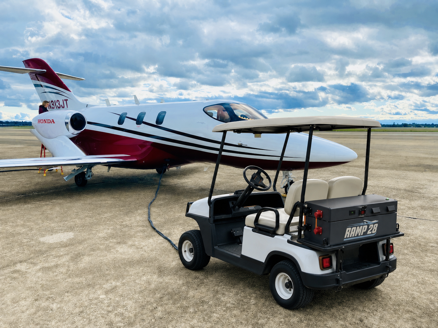 Ramp28 mobile ground power cart on an airport apron alongside a HondaJet.