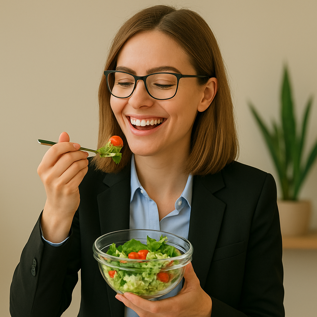 Professional businesswoman enjoying a healthy salad during lunch break at modern office