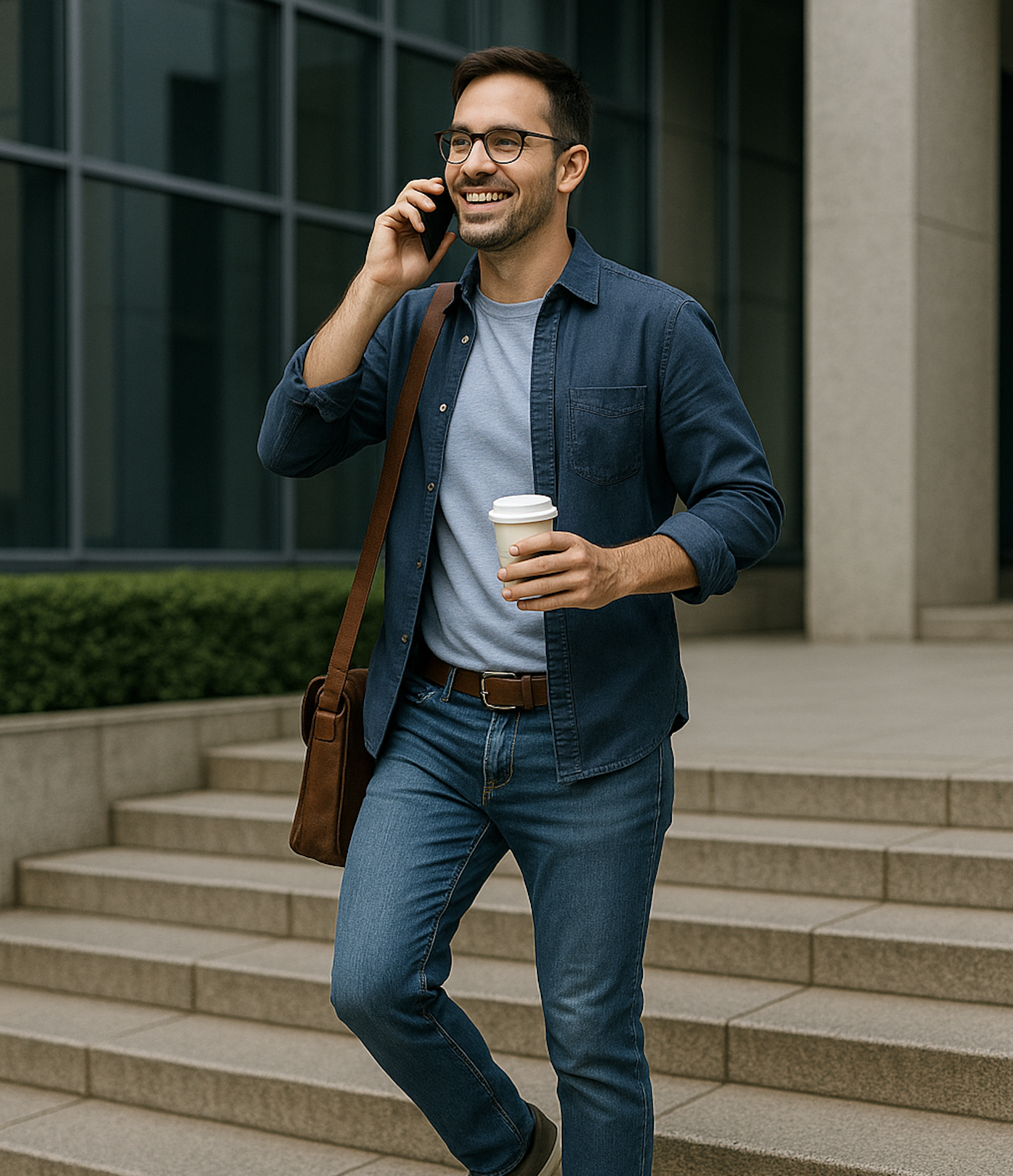 Smiling office workers in business attire walking on stairs after successful day