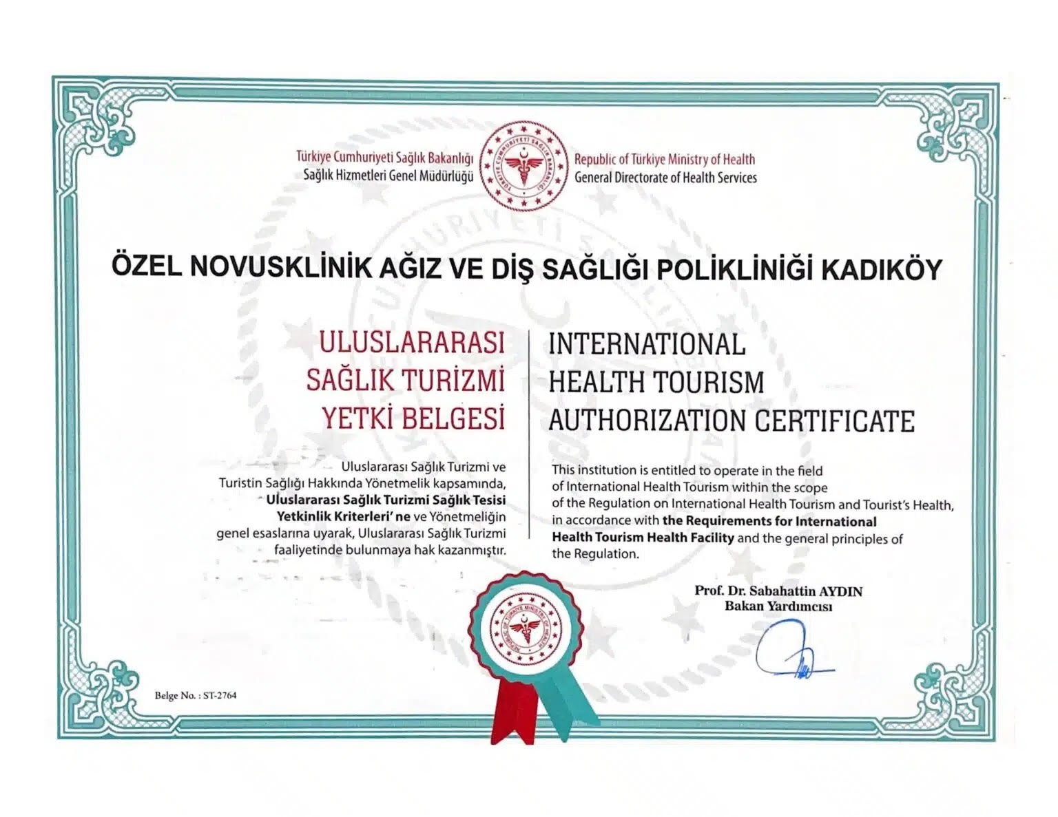 Certifikát tureckého Ministerstva zdravotnictví, oprávnění pro mezinárodní pacienty