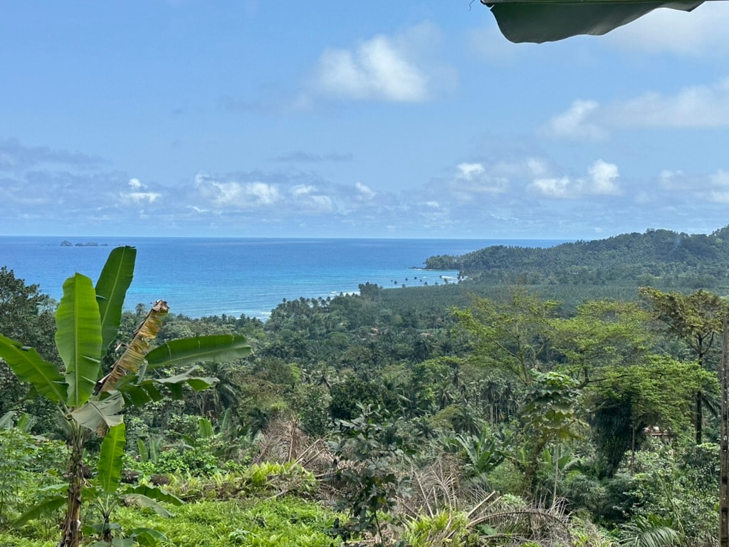 Vista panorâmica sobre o coberto da floresta tropical densa e o oceano azul da encosta acima da estrada sul em São Tomé