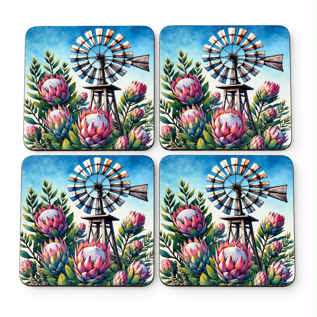 Set of coasters with windmill and protea designs