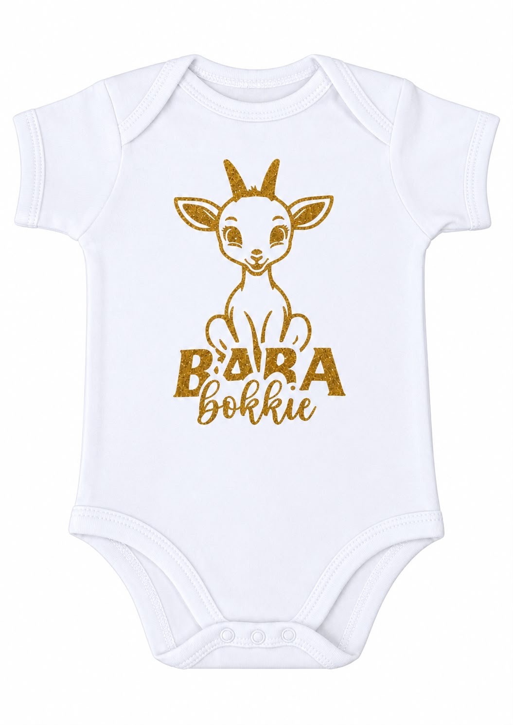 White baby onesie with a golden glitter bokkie design reading Bara Bokkie