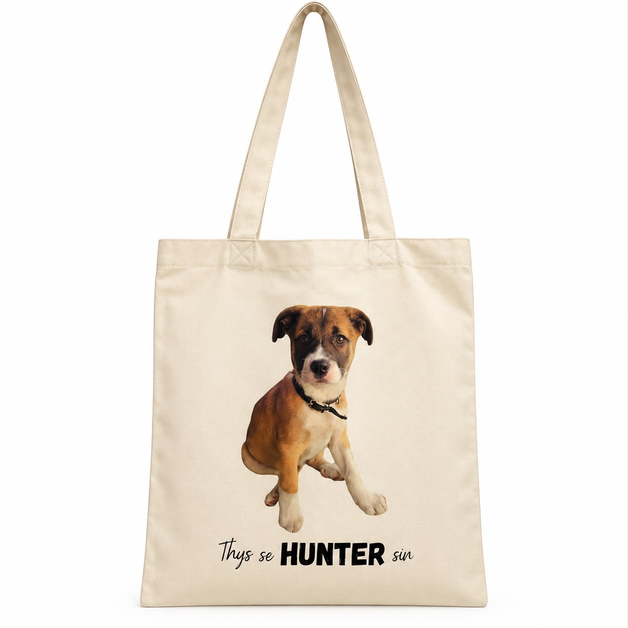 Tote bag printed with a dog photo and the name Hunter