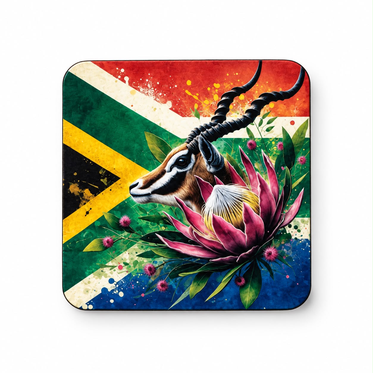 Coaster with South African flag, antelope and protea design