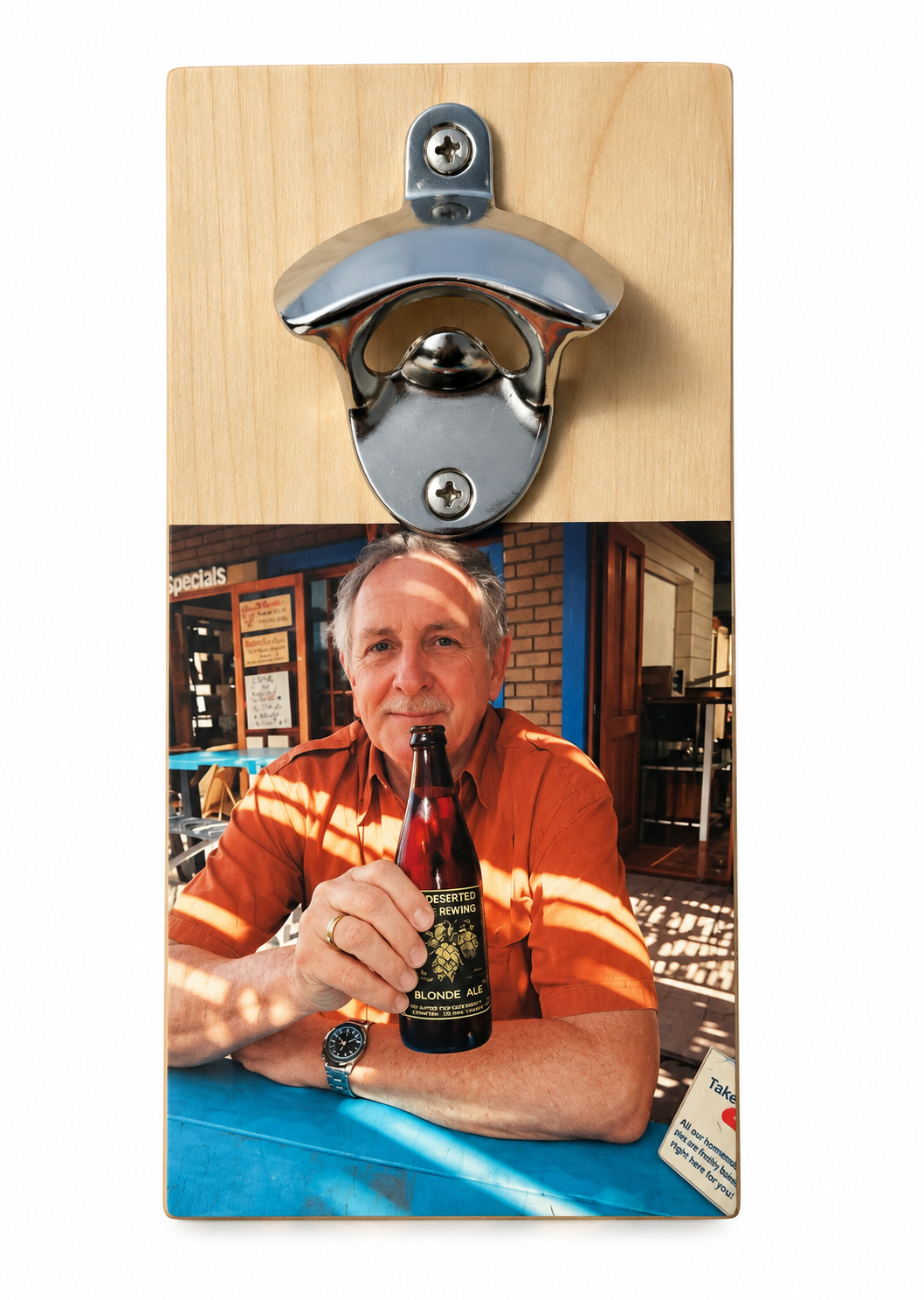Wooden wall mounted beer opener personalised with a photo