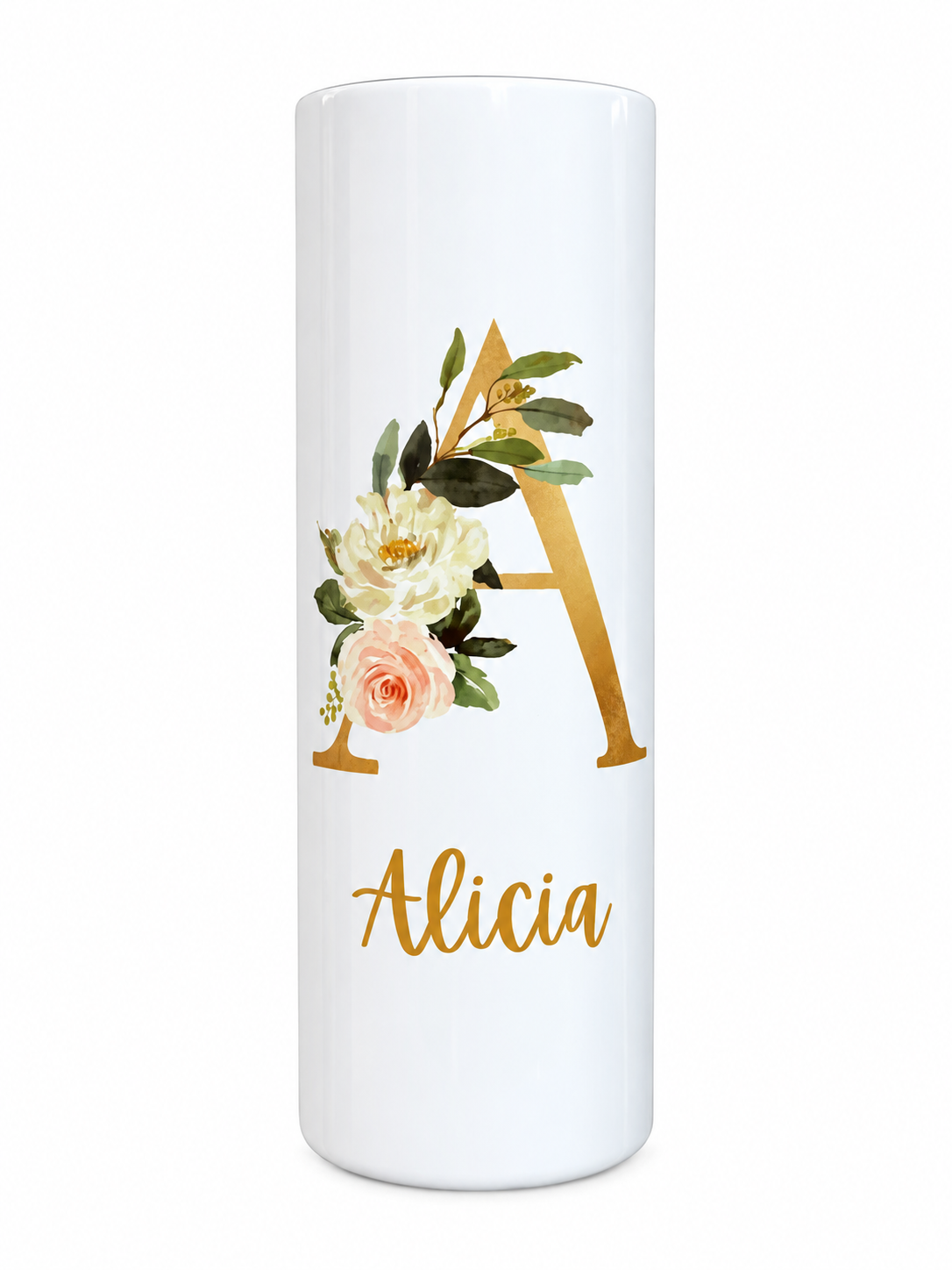 White 20oz tumbler with a gold floral letter A and the name Alicia