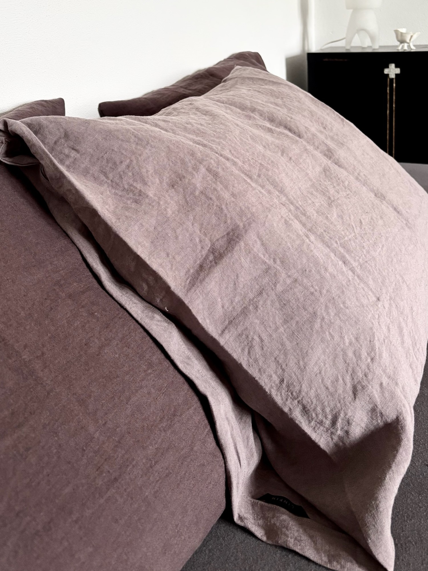 Close detail of the natural linen weave of the duvet cover