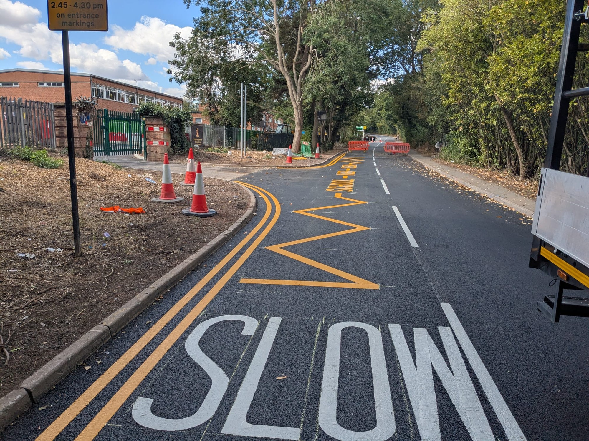 Highway Works, Centre Line, School Keep Clear, Slow, Double Yellow LInes, Coventry