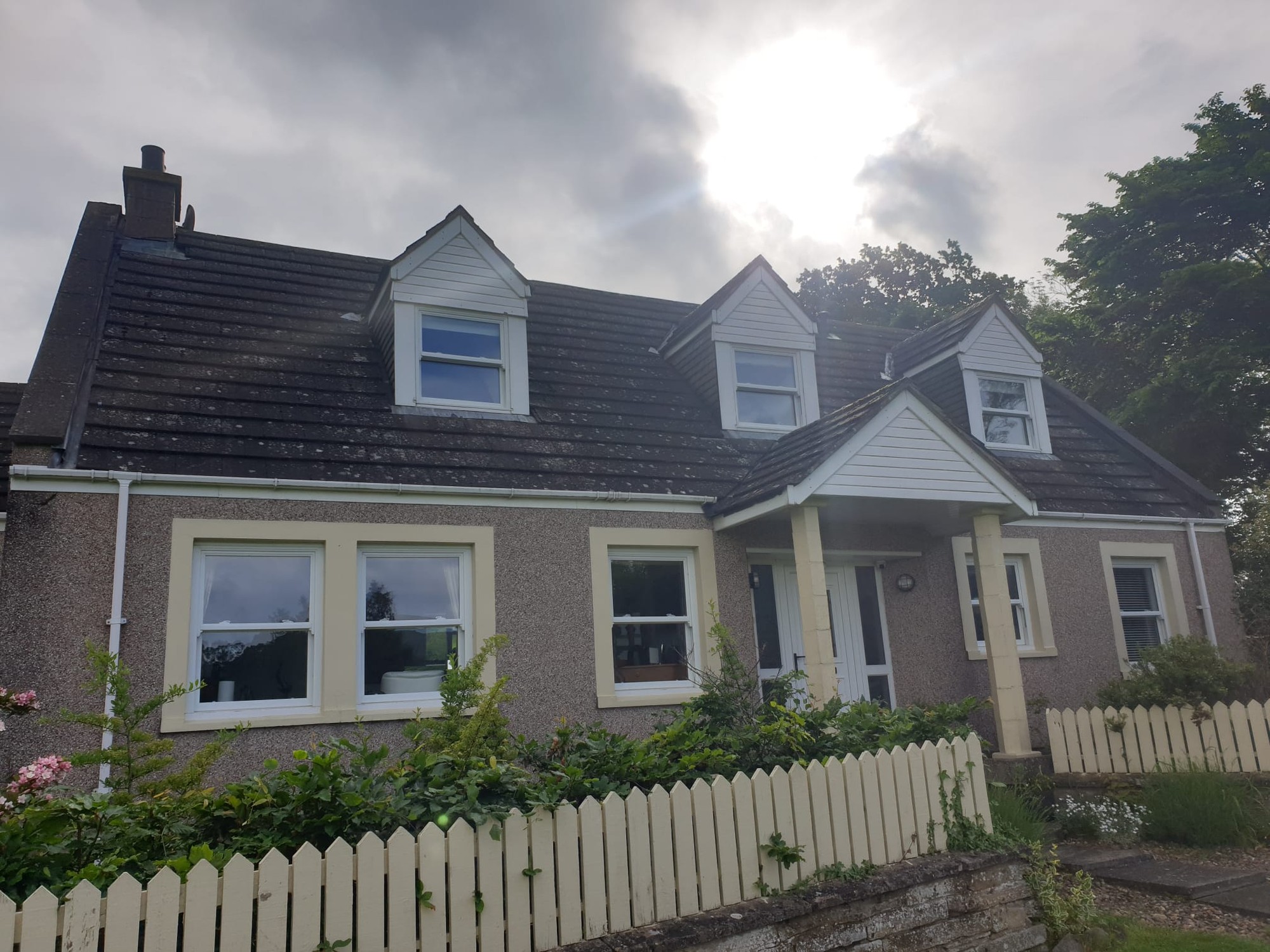 Roof before moss removal — heavily moss-covered tiles on Perth, Perthshire property before Dalguise Coatings treatment