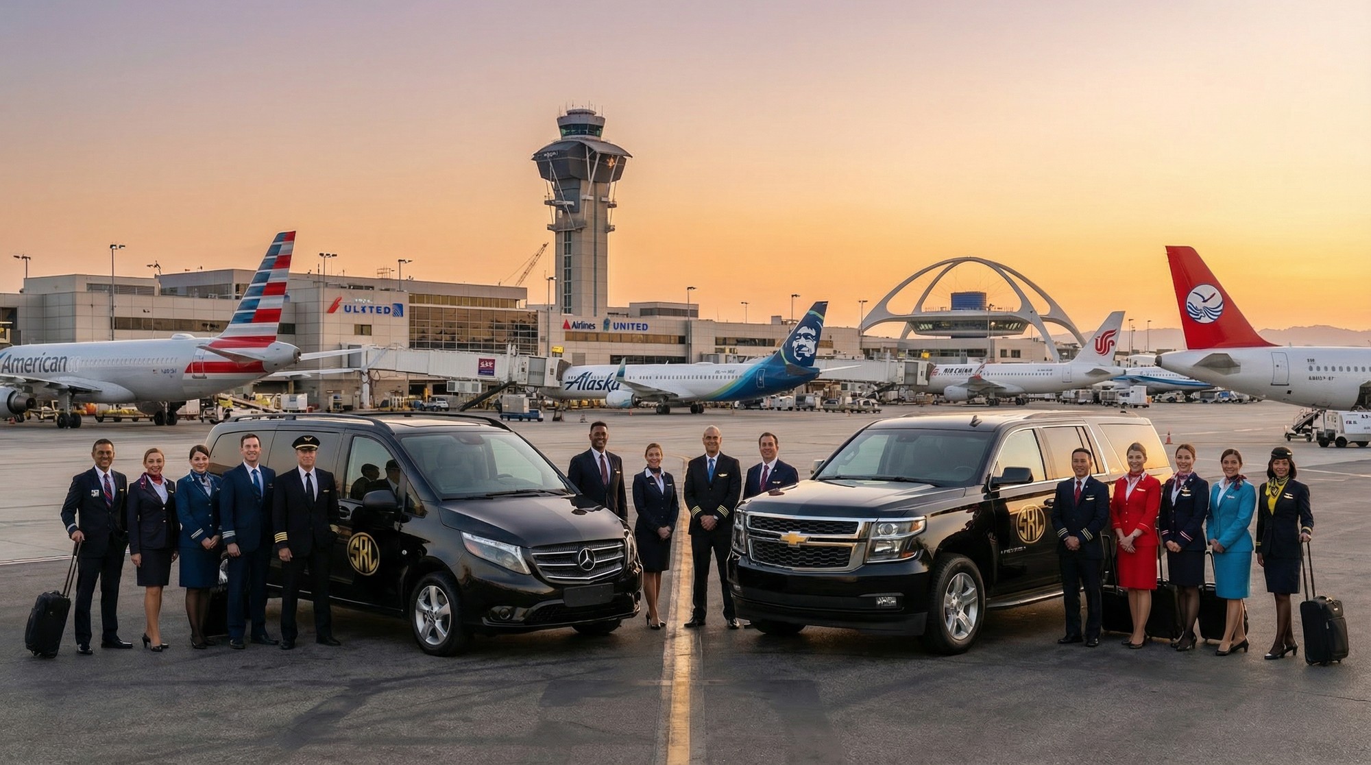 Safe Rides Limo vehicles with multiple airline crews at LAX