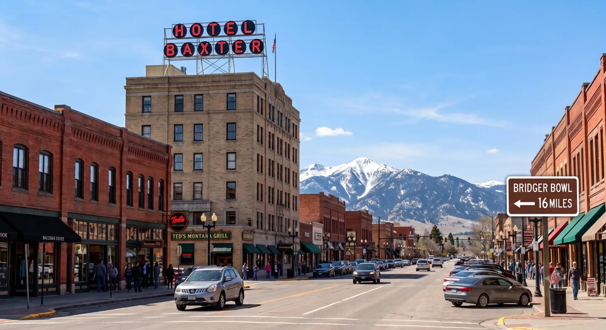 Downtown Bozeman Main Street with Bridger Mountains — home of Bing Mountain Luxury Transportation