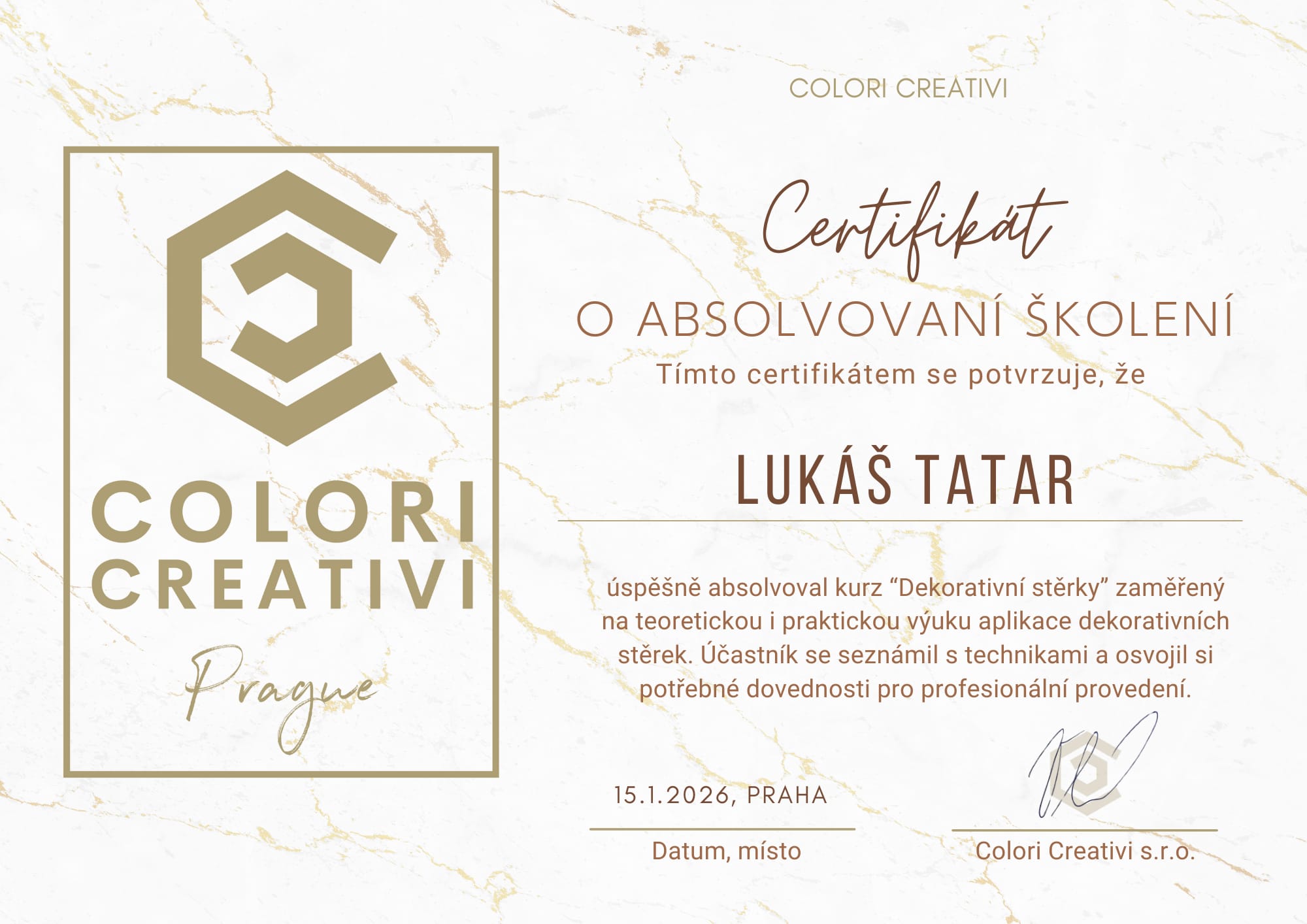 Certifikát Colori Creativi – Lukáš Tatar – Dekorativní stěrky