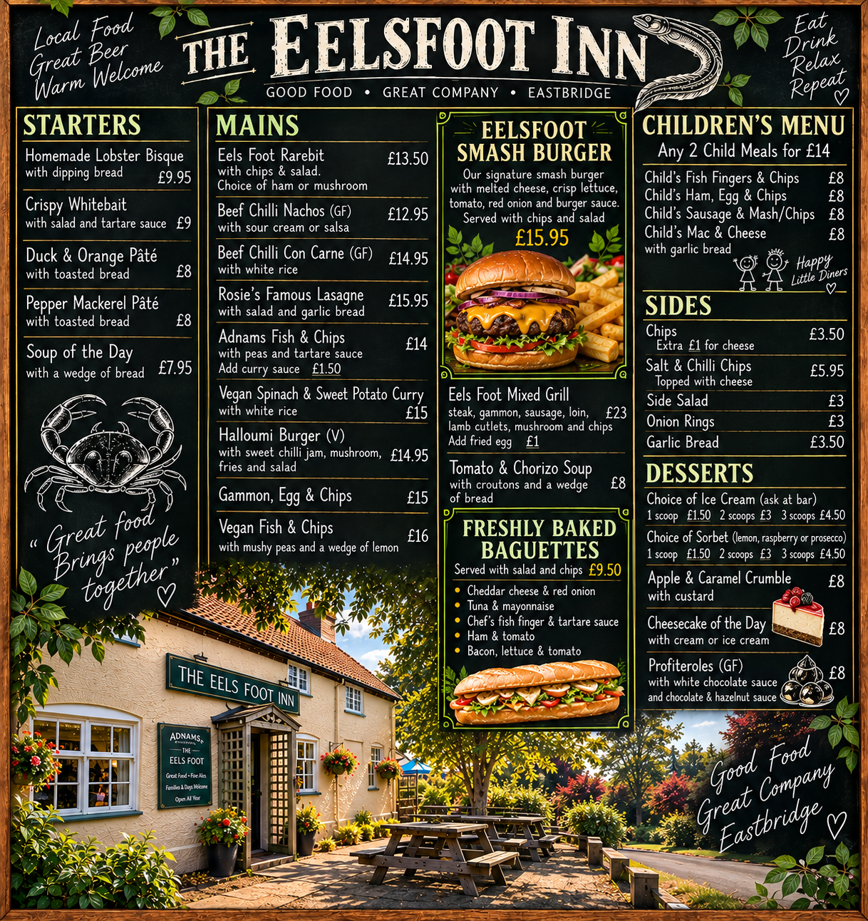 The Eel’s Foot Inn food menu board