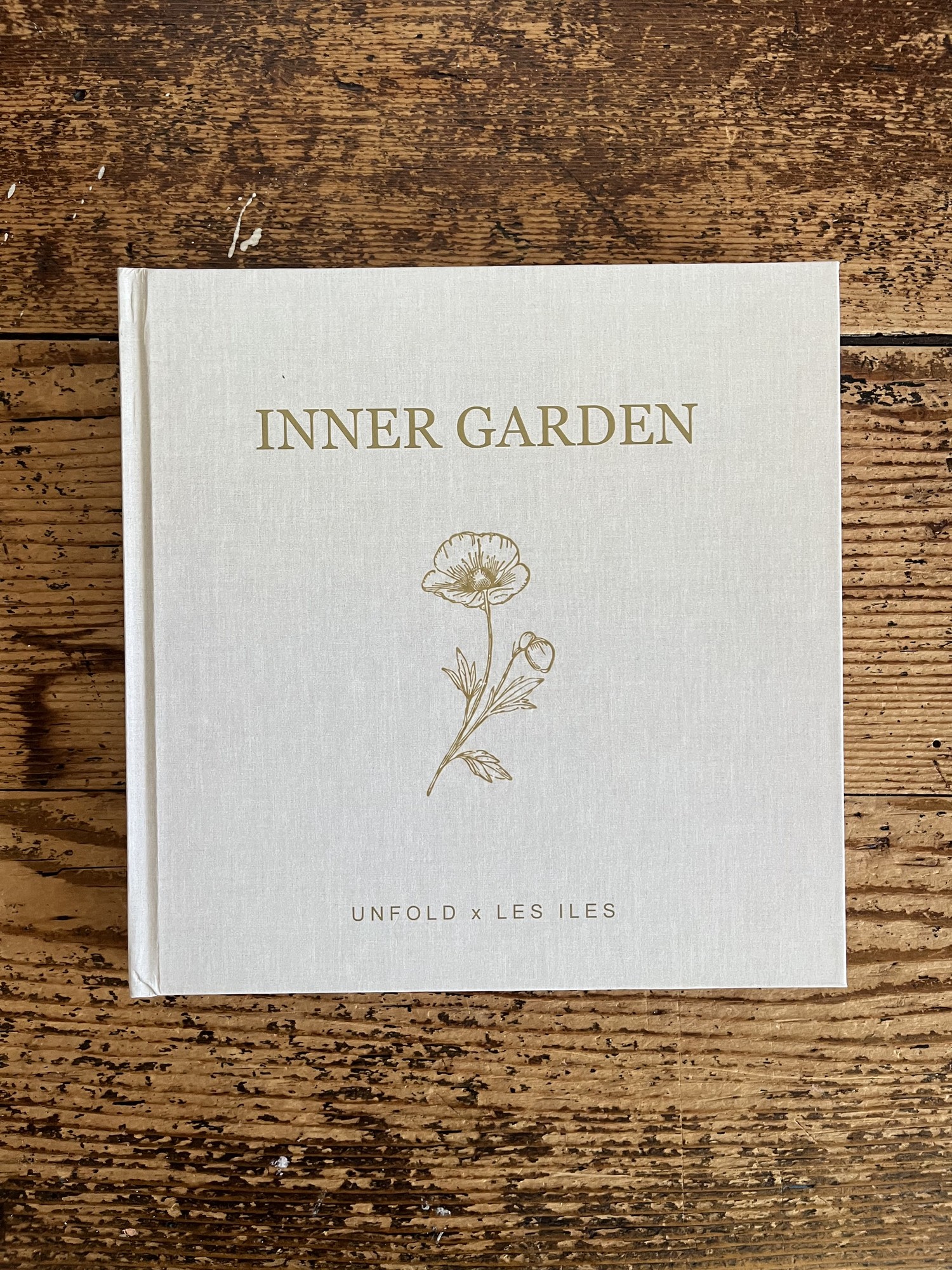 Open linen-bound book between pressed flowers on warm fabric