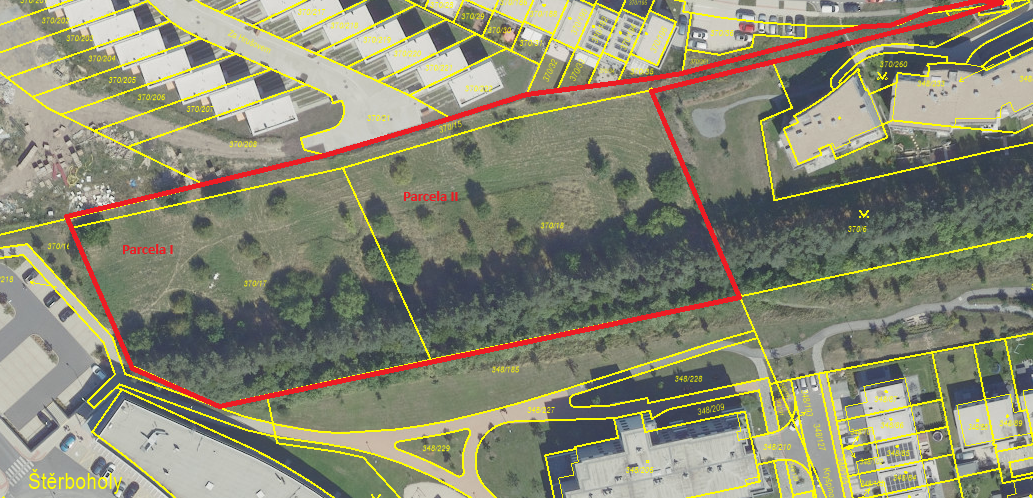 Katastrální mapa parcel Štěrboholy — Parcela I (370/18) a Parcela II (370/17)