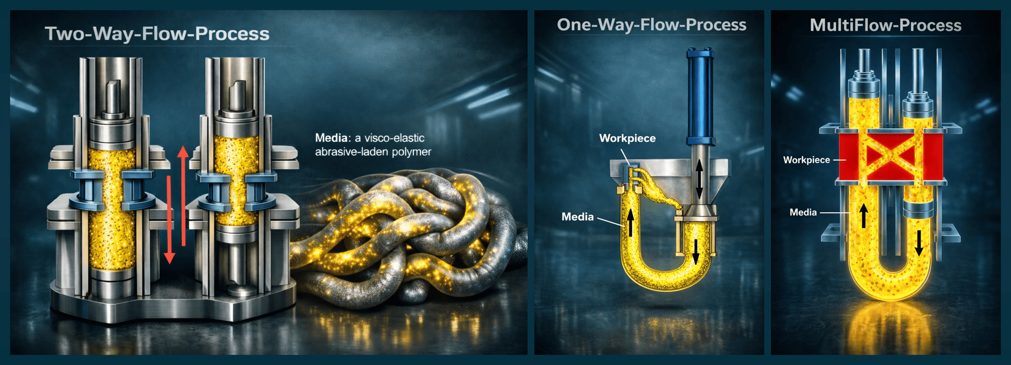 Vizualizace principu procesu AFM — abrazivní médium protlačované hydraulickým tlakem přes vnitřní kanály dílu