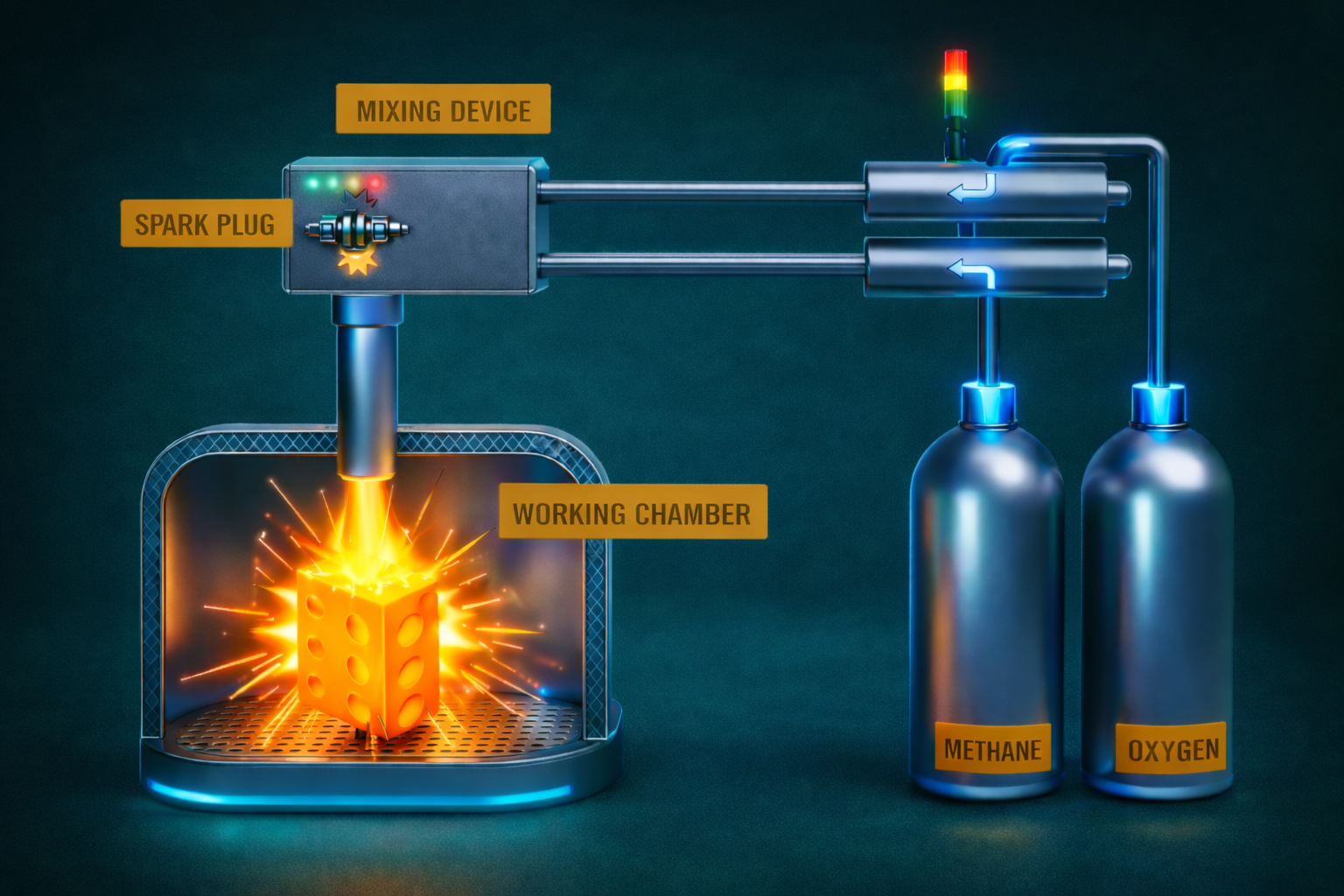 Principle of the TEM machine — working chamber with spark plug, mixing device, methane and oxygen supply cylinders